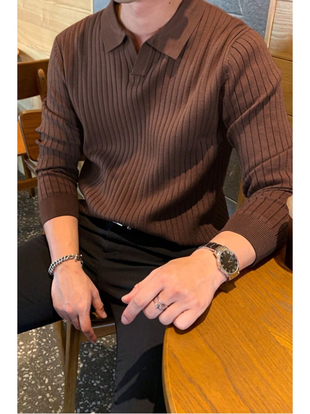 Kahverengi Erkek Polo Yaka Triko Kazak Slim Fit Fitilli-2