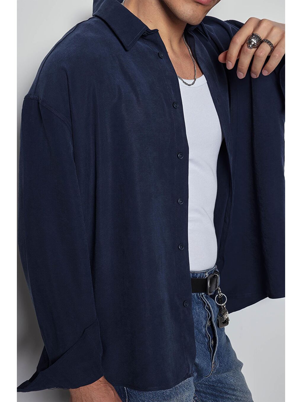 Erkek Oversize Uzun Kollu Basic Gömlek Lacivert-2