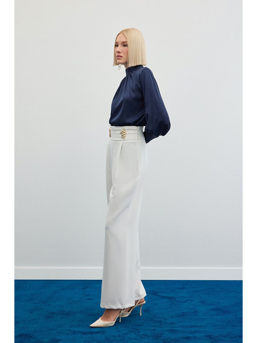 Bel Aksesuarlı Pantolon - Ekru-5