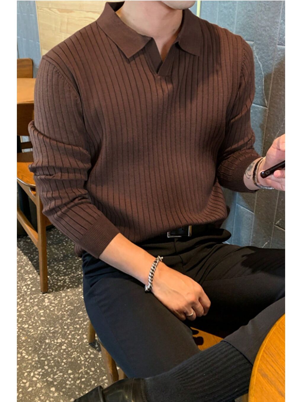 Kahverengi Erkek Polo Yaka Triko Kazak Slim Fit Fitilli-3