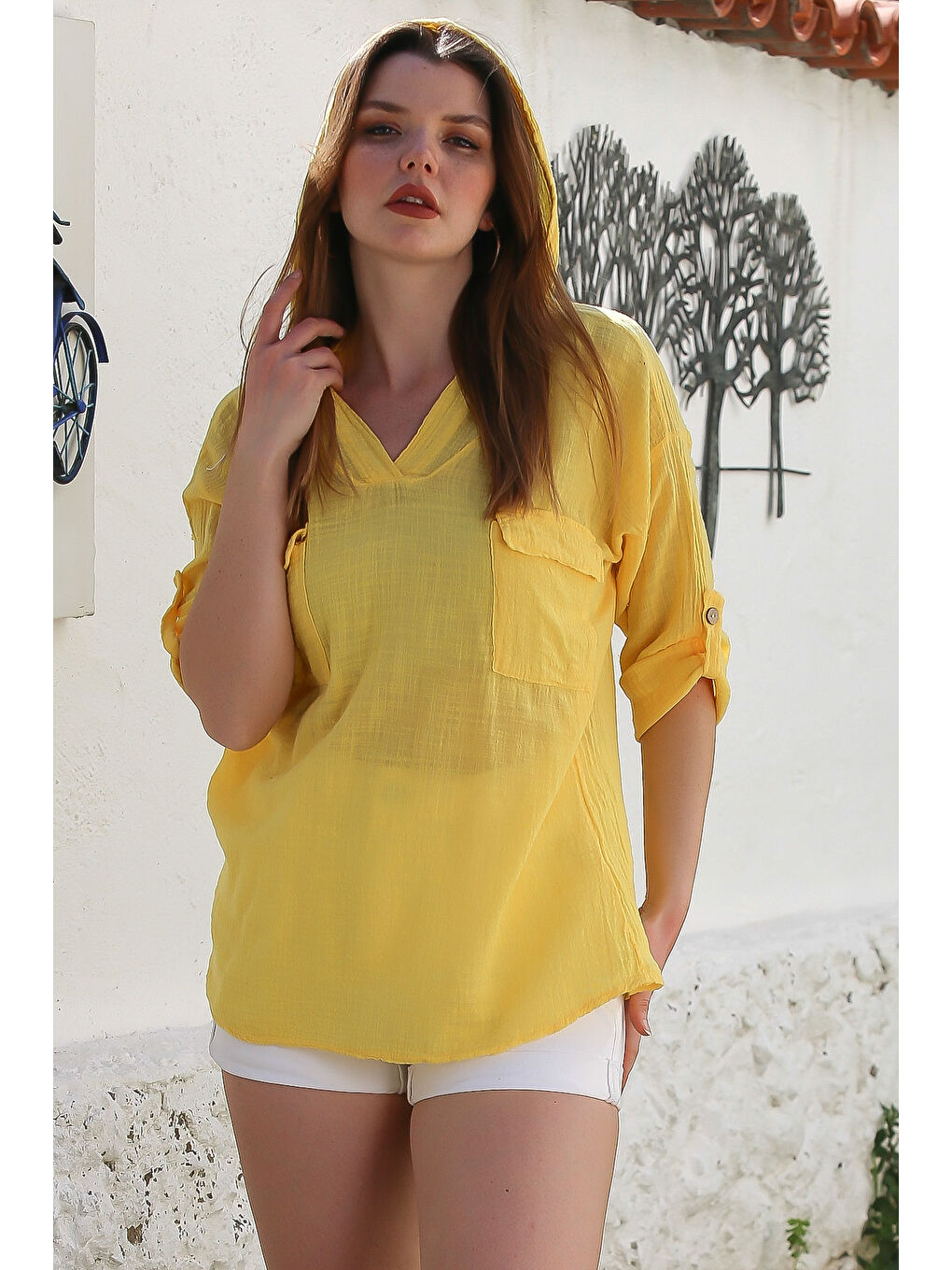 Chiccy Sari Açık Limon Kapüşonlu Düğmeli Uzun Kollu Çift Kapaklı Cepli Yıkamalı Casual Dokuma Bluz 72 62 - 1