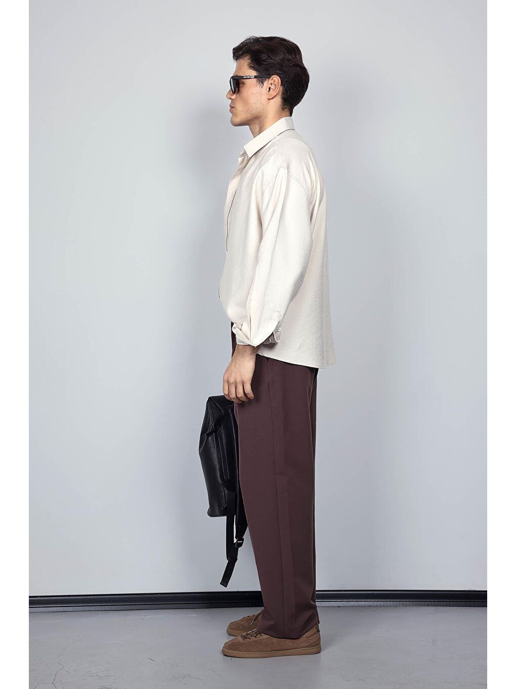 Erkek Oversize Uzun Kollu Basic Gömlek Bej-8
