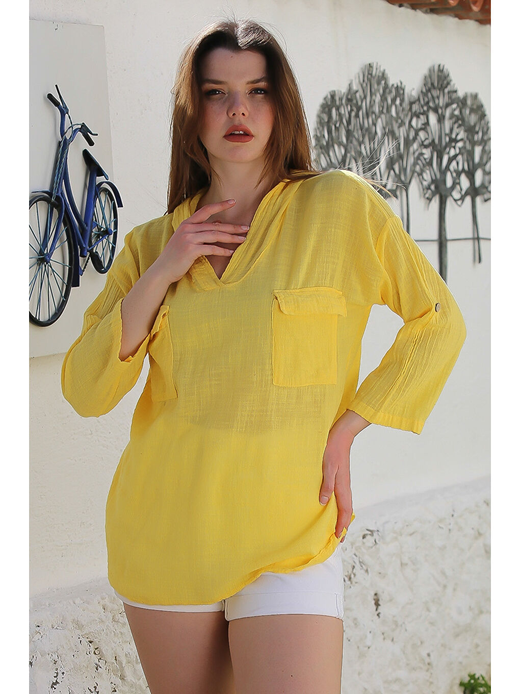 Chiccy Sari Açık Limon Kapüşonlu Düğmeli Uzun Kollu Çift Kapaklı Cepli Yıkamalı Casual Dokuma Bluz 72 62 - 2