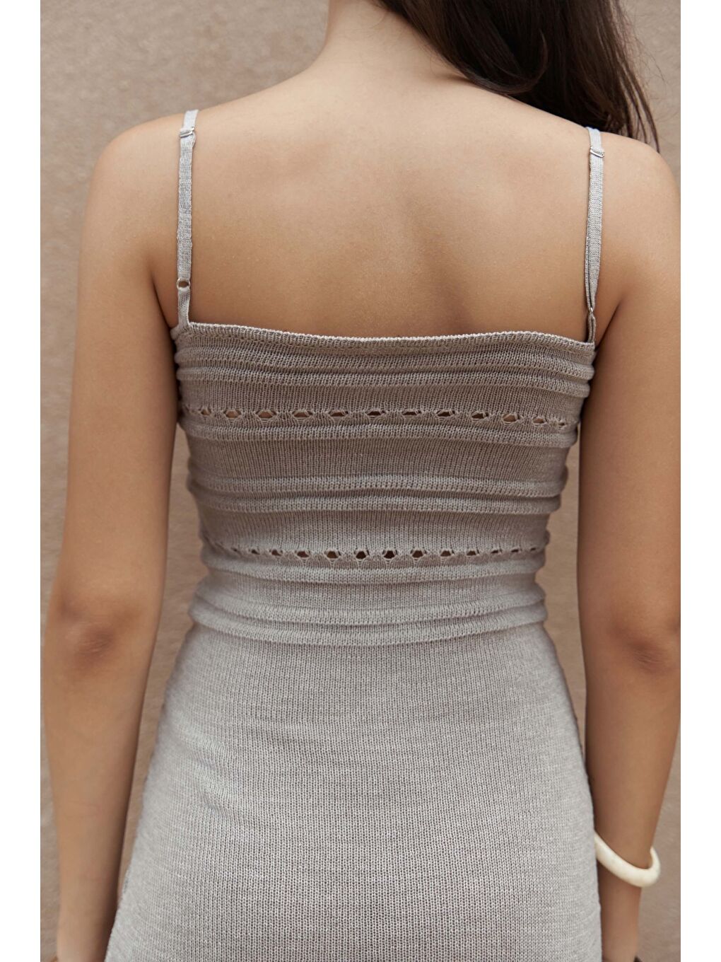 Bej Jayah Büzgü Detay Askılı Vizon Triko Elbise-6