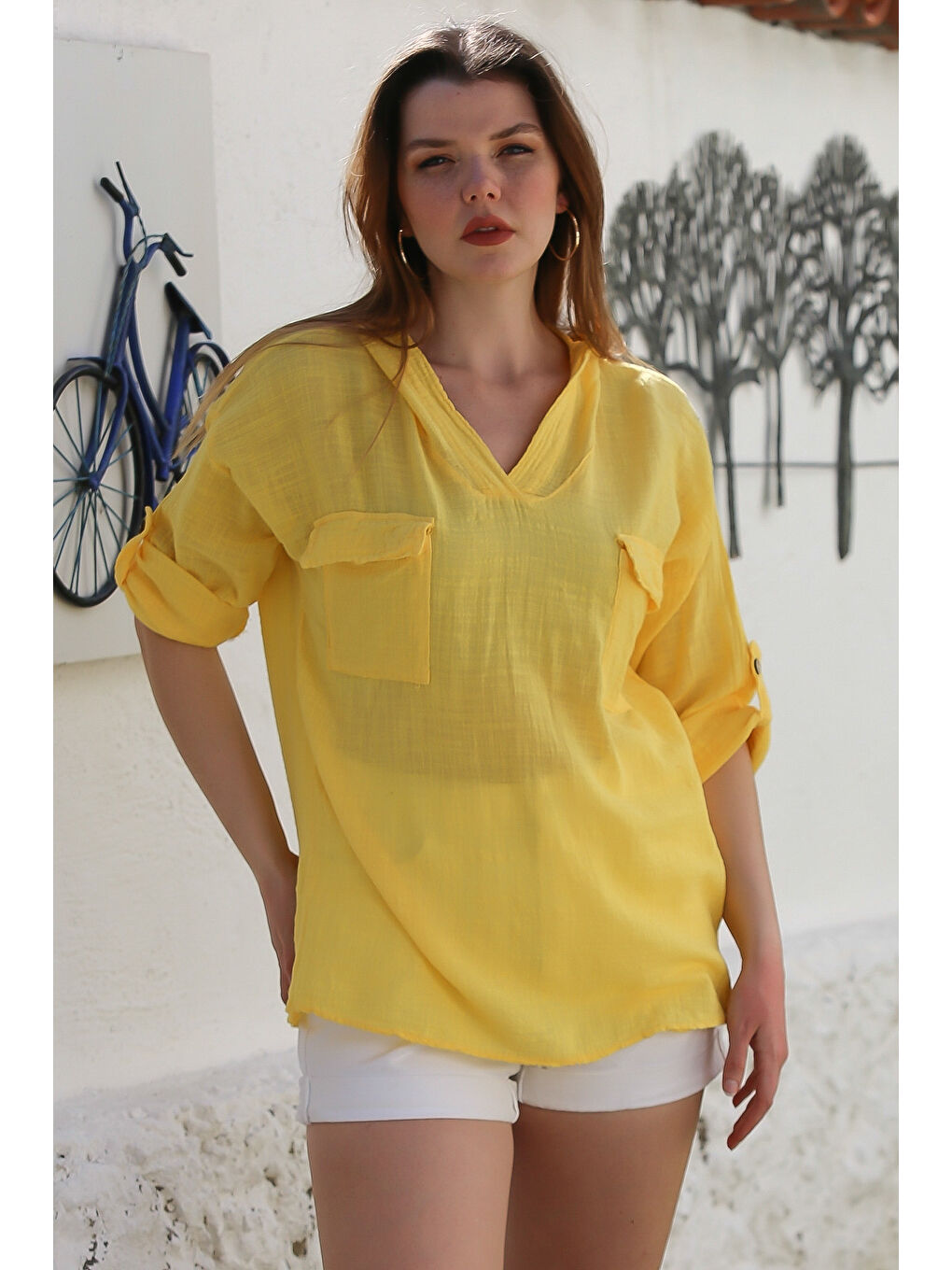 Chiccy Sari Açık Limon Kapüşonlu Düğmeli Uzun Kollu Çift Kapaklı Cepli Yıkamalı Casual Dokuma Bluz 72 62 - 3