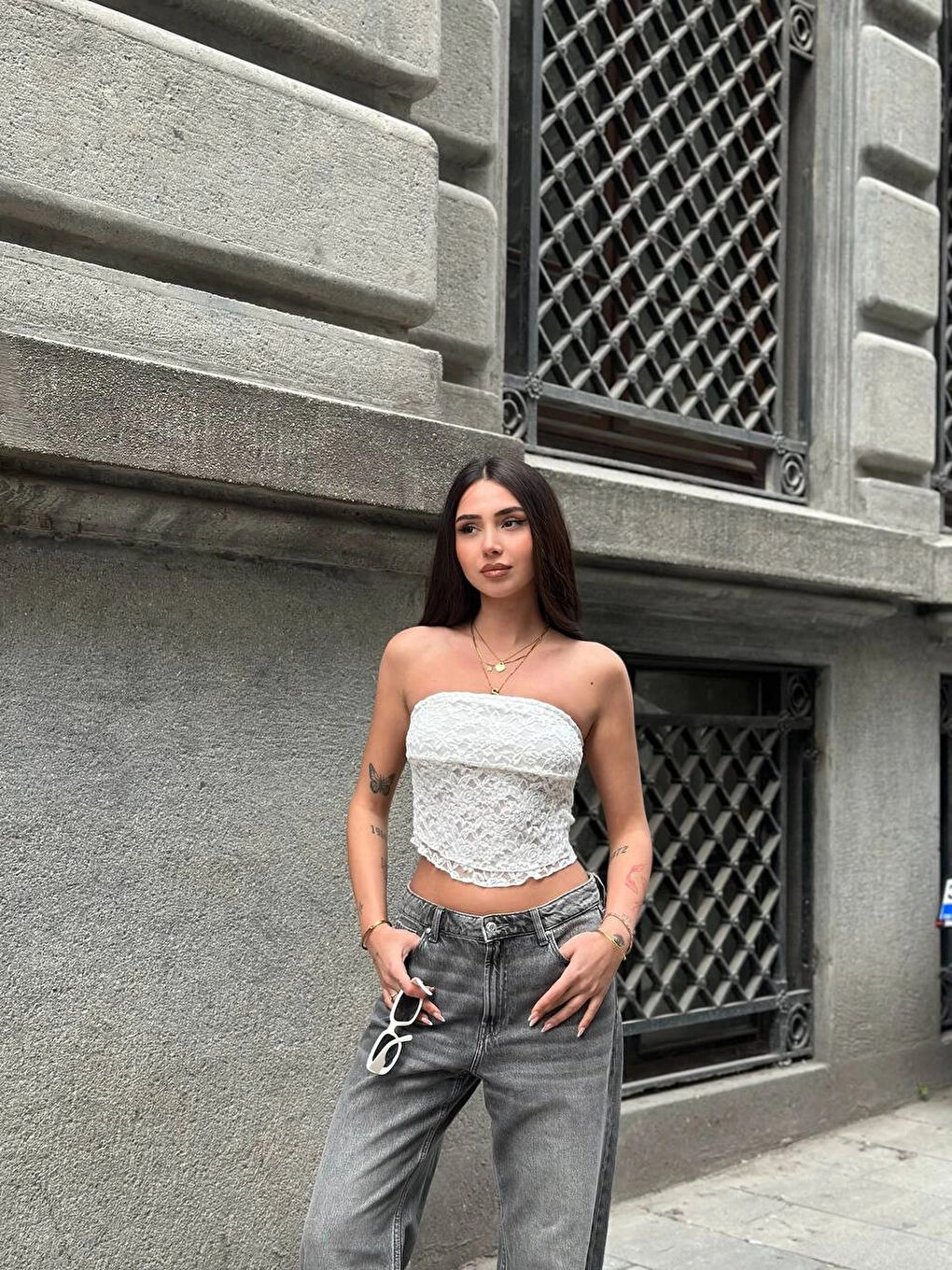 Kadın Beyaz Astarlı Dantel Straplez Bluz HZL25S-ZK11251