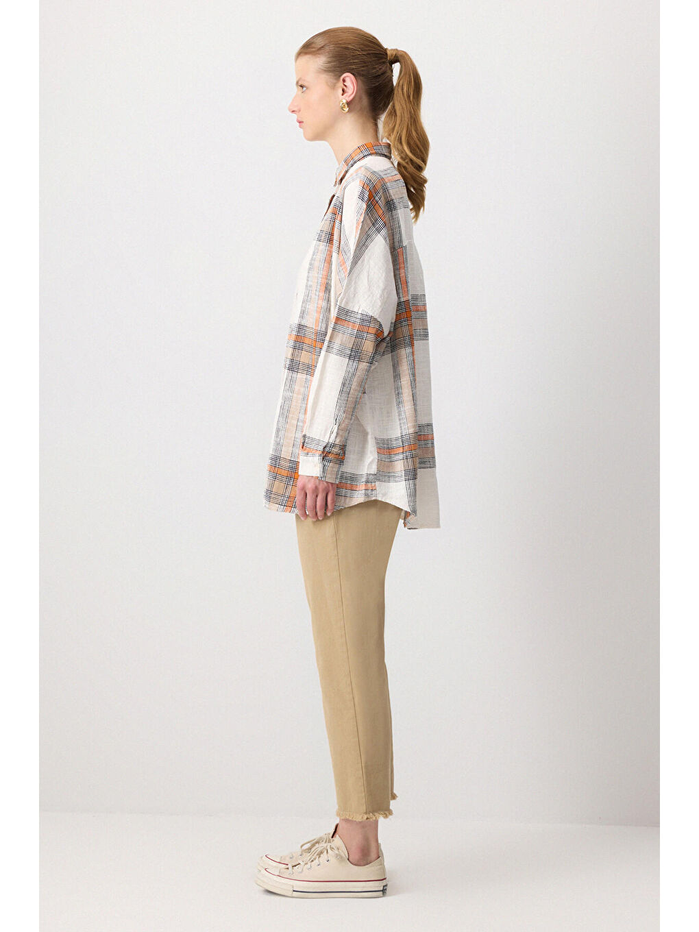 Turuncu %100 Pamuklu Ekoseli Oversıze Gömlek-2