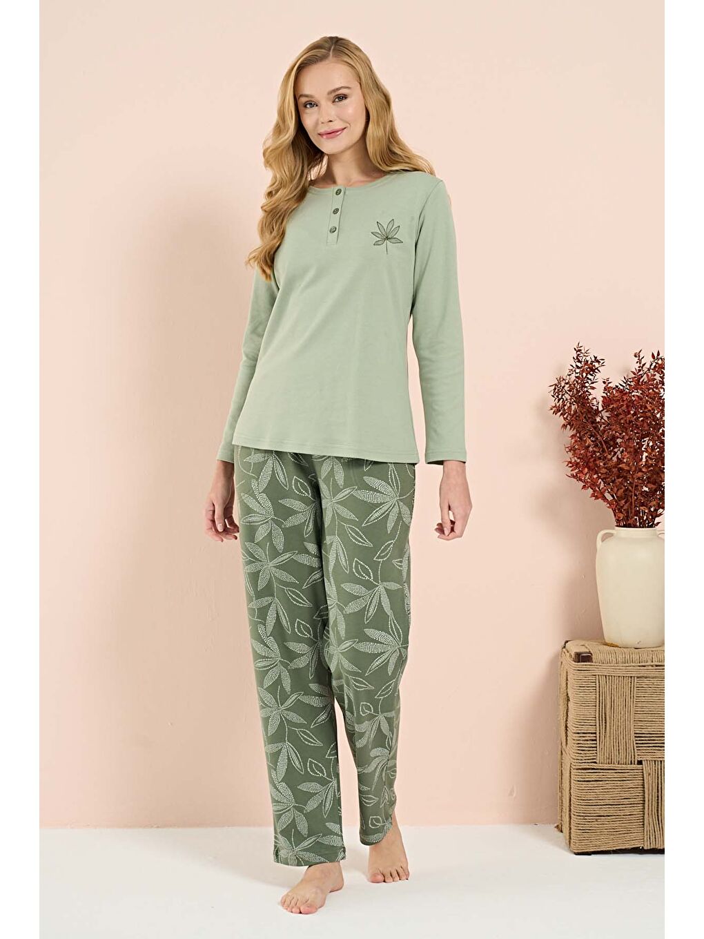 Kadın Penye Uzun Kol Pijama Takımı 3201 Yeşil01-3