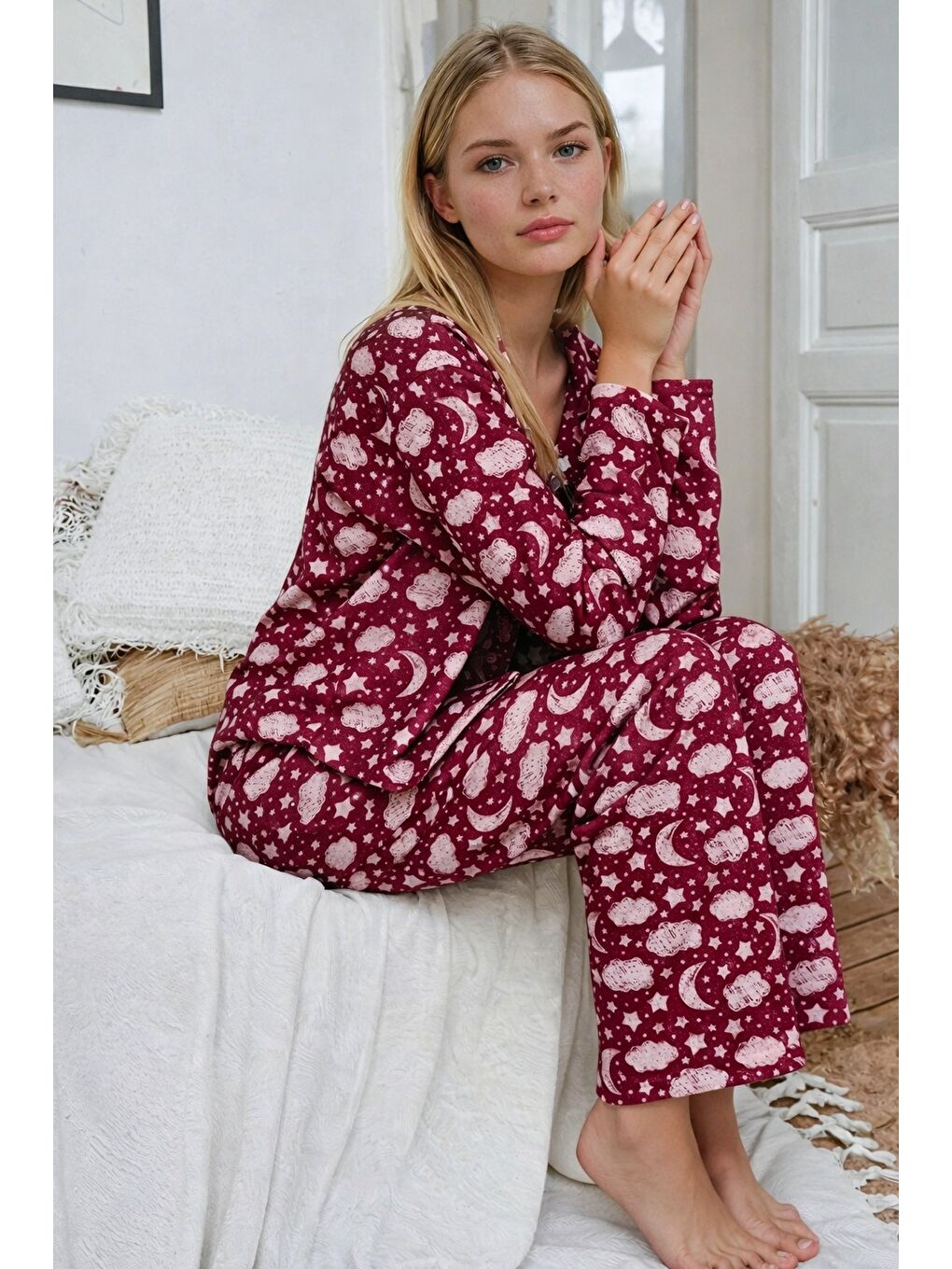 Bordo Bulut Desenli Düğmeli Kadın Pijama Takımı-1