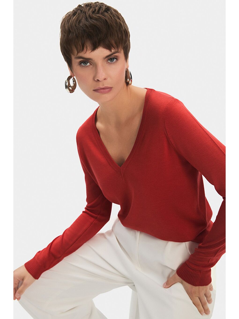 Kahverengi Kadın Exclusive V Yaka Viskon Karışımlı Triko Kazak