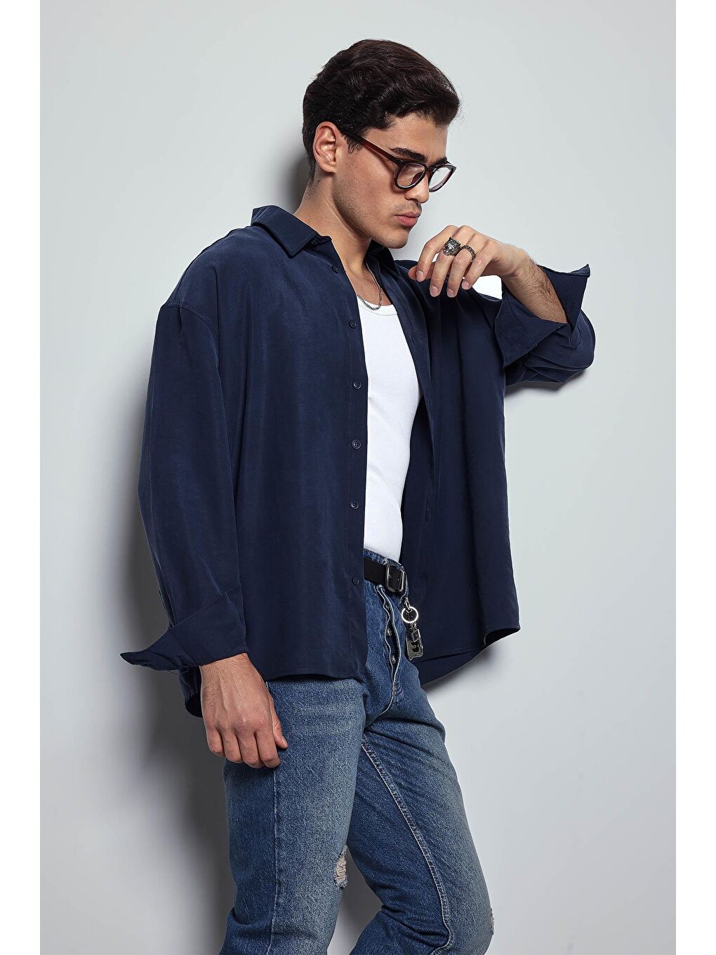 Erkek Oversize Uzun Kollu Basic Gömlek Lacivert-3
