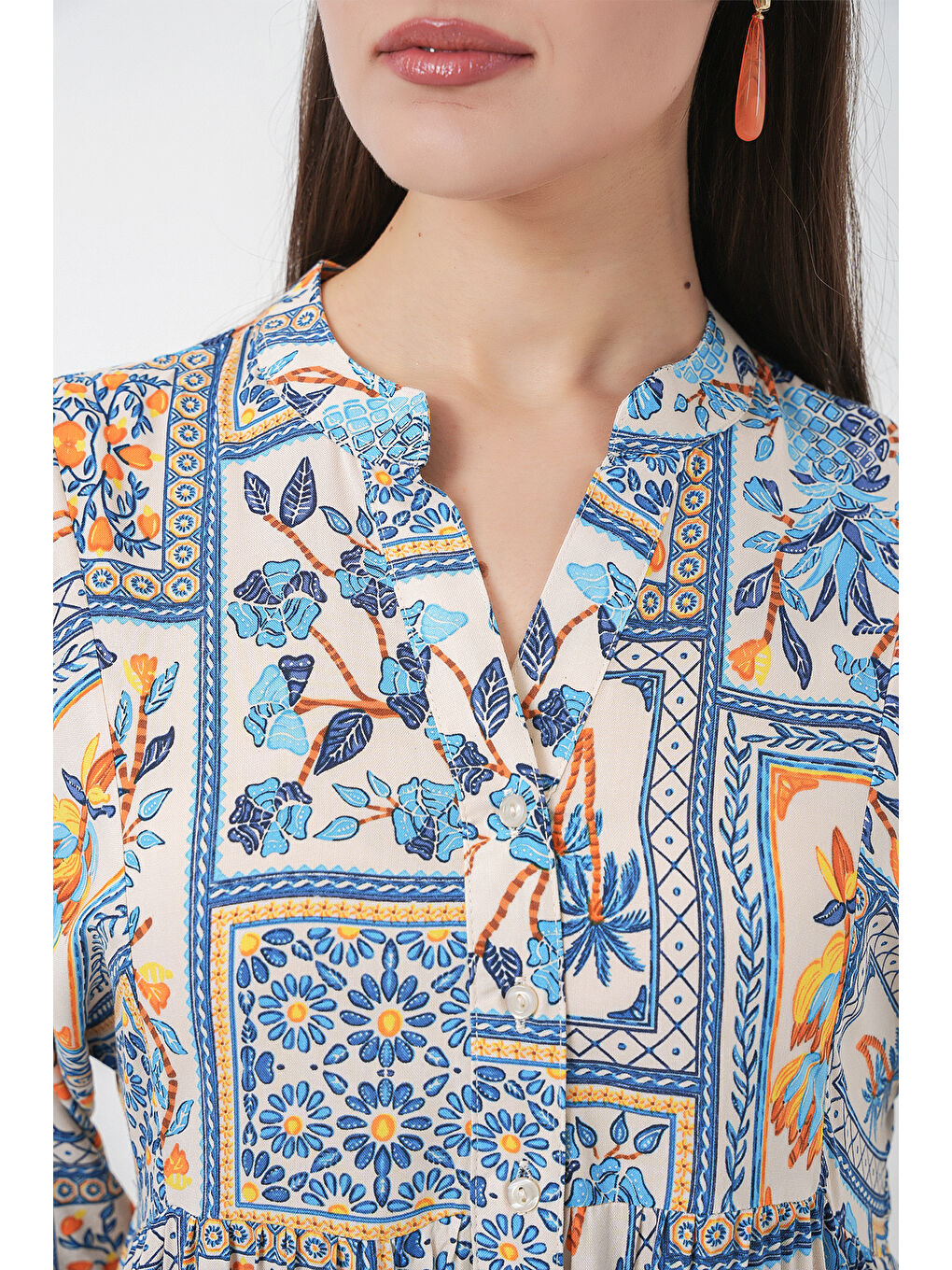 Sarı Kadın Desenli Uzun Tesettür Elbise 2585 - E. Mavi-5