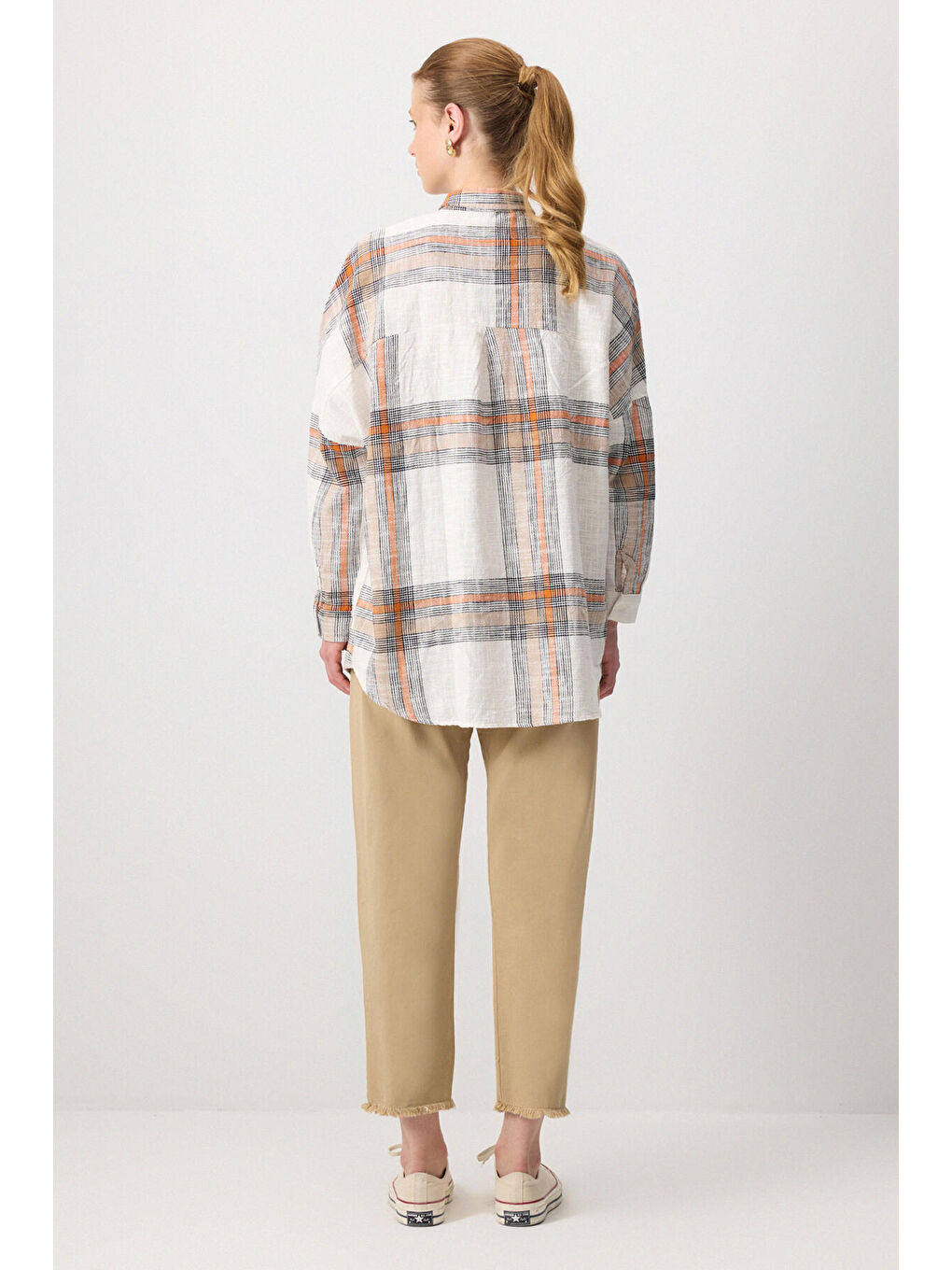 Turuncu %100 Pamuklu Ekoseli Oversıze Gömlek-3