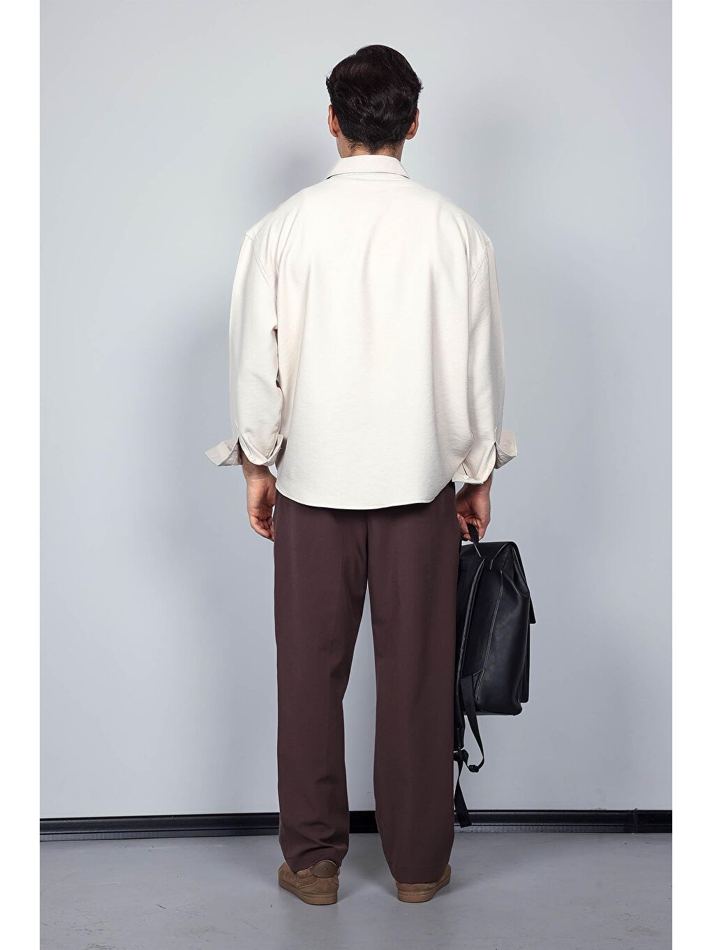 Erkek Oversize Uzun Kollu Basic Gömlek Bej-9