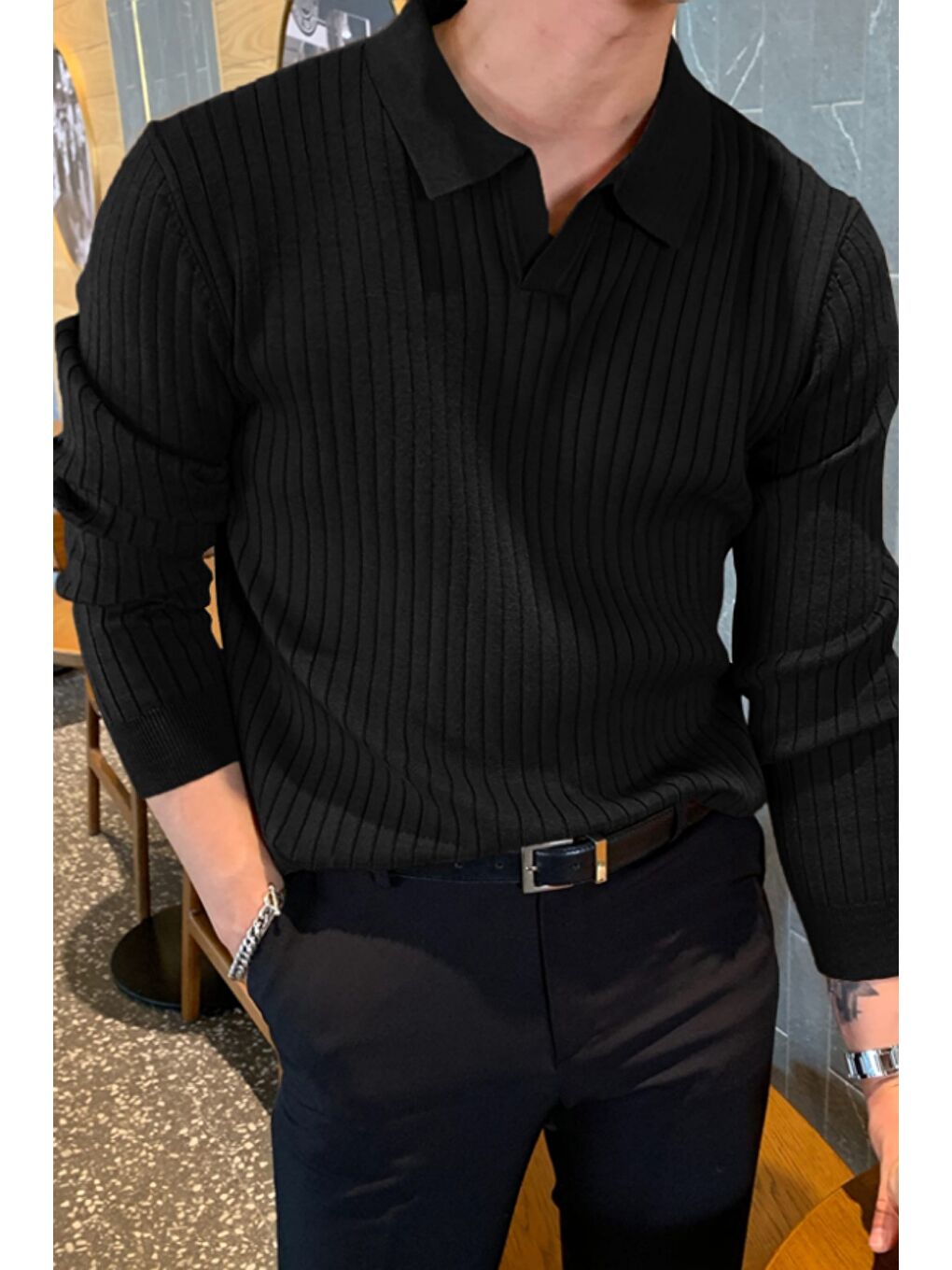 Siyah Erkek Polo Yaka Triko Kazak Slim Fit Fitilli