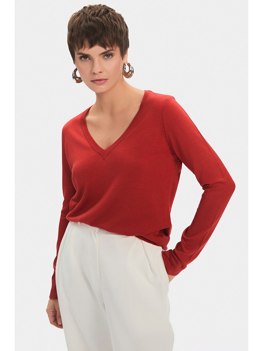 Kahverengi Kadın Exclusive V Yaka Viskon Karışımlı Triko Kazak-2