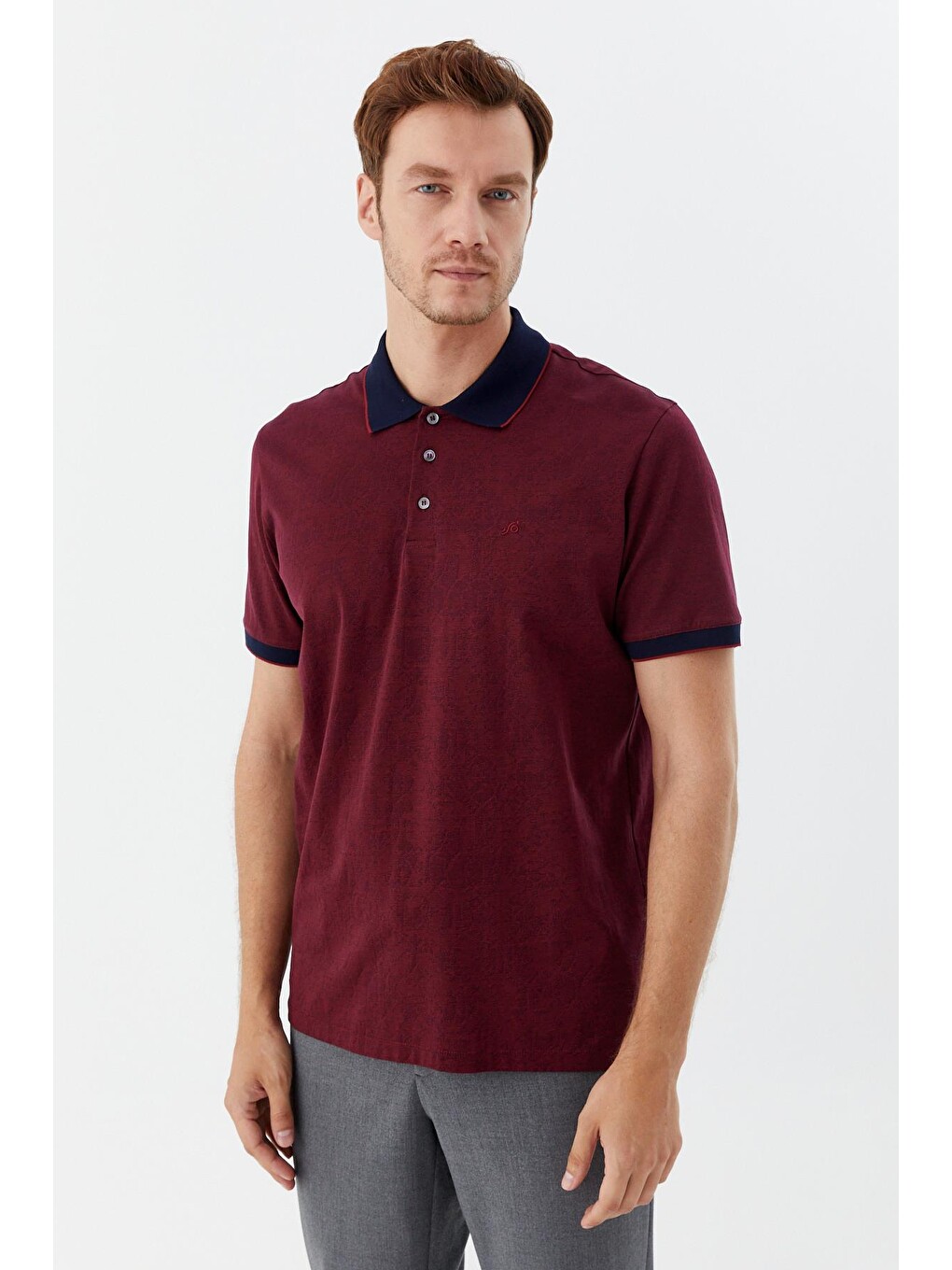 Düğmeli Polo Yaka Desenli Erkek Tişört Bordo