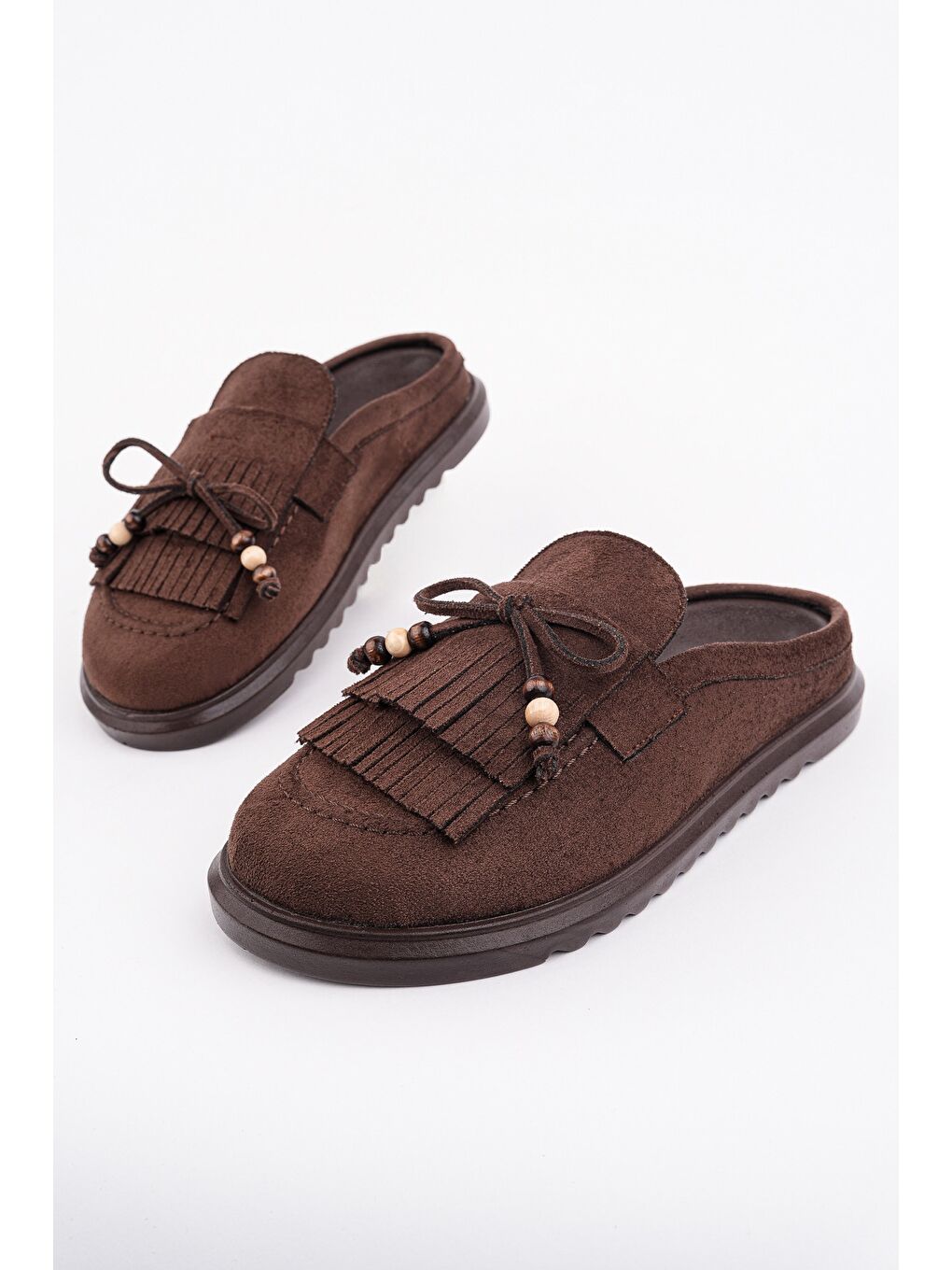 Kahverengi FRİNGE Süet Deri Fiyonk Detaylı Günlük Rahat Önü Kapalı Kadın Püsküllü Loafer Terlik-1