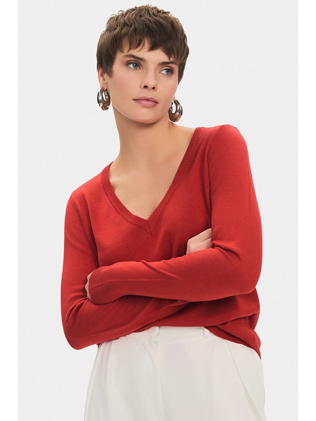 Kahverengi Kadın Exclusive V Yaka Viskon Karışımlı Triko Kazak-3