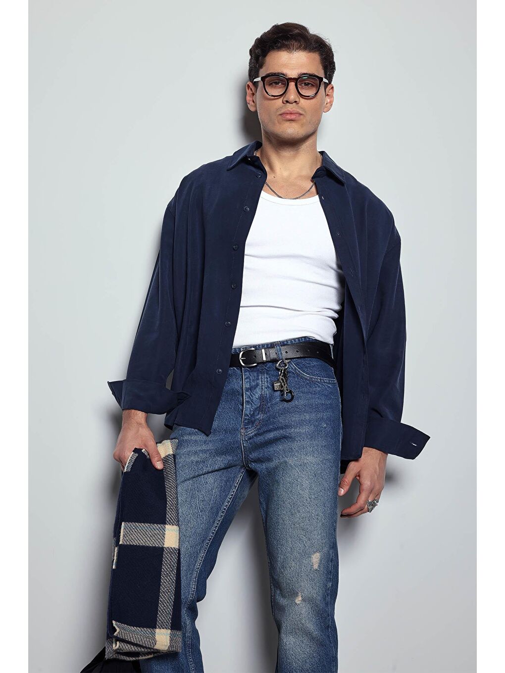 Erkek Oversize Uzun Kollu Basic Gömlek Lacivert-4