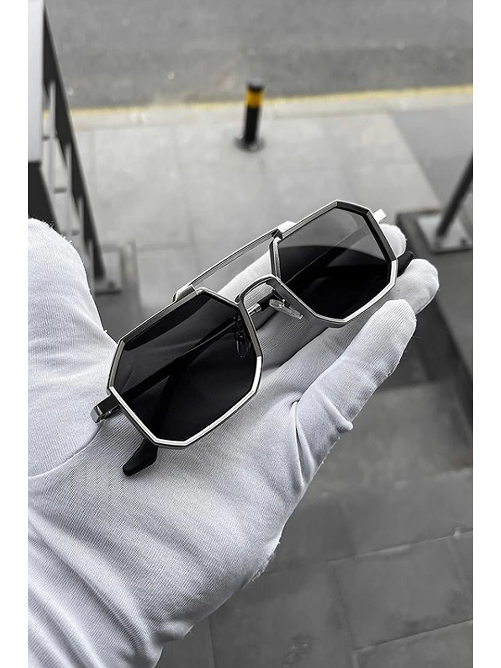 Gri Kadın Gümüş Geometrik Metal Güneş Gözlüğü-2
