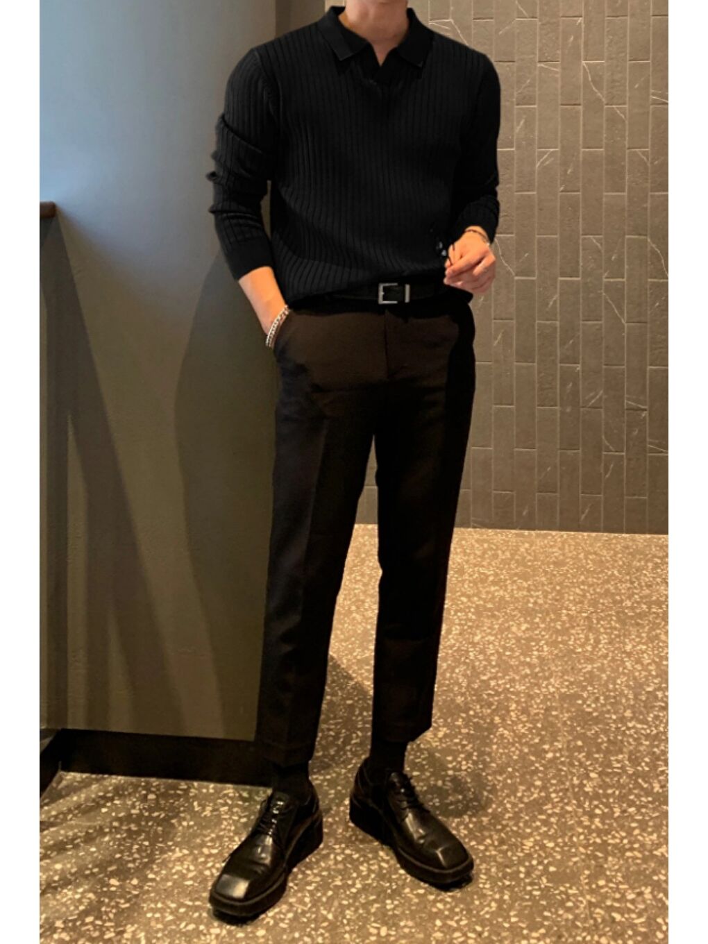 Siyah Erkek Polo Yaka Triko Kazak Slim Fit Fitilli-1