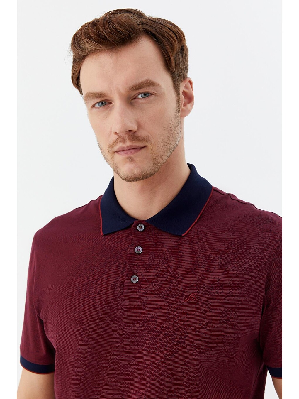 Düğmeli Polo Yaka Desenli Erkek Tişört Bordo-2