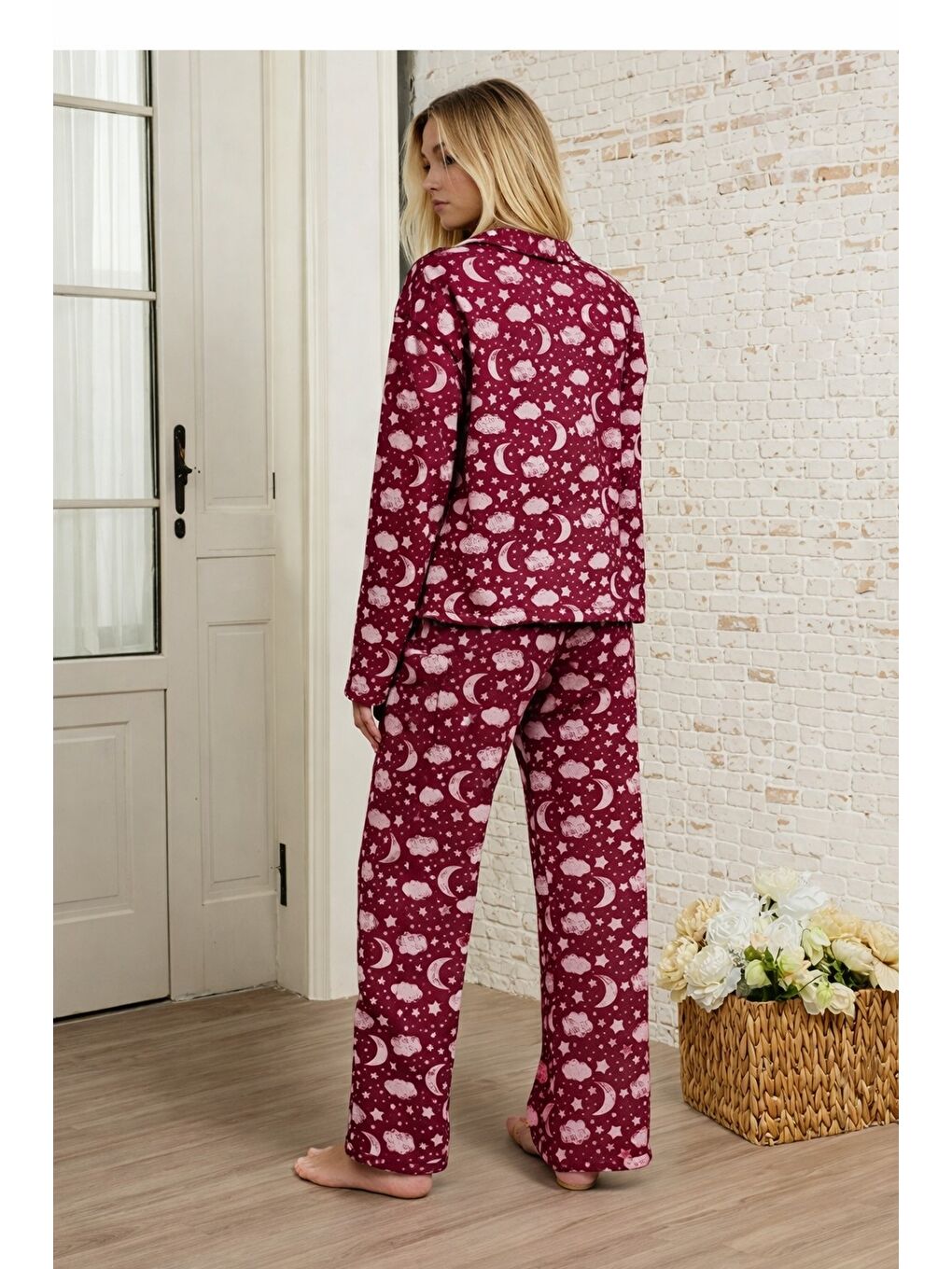 Bordo Bulut Desenli Düğmeli Kadın Pijama Takımı-2