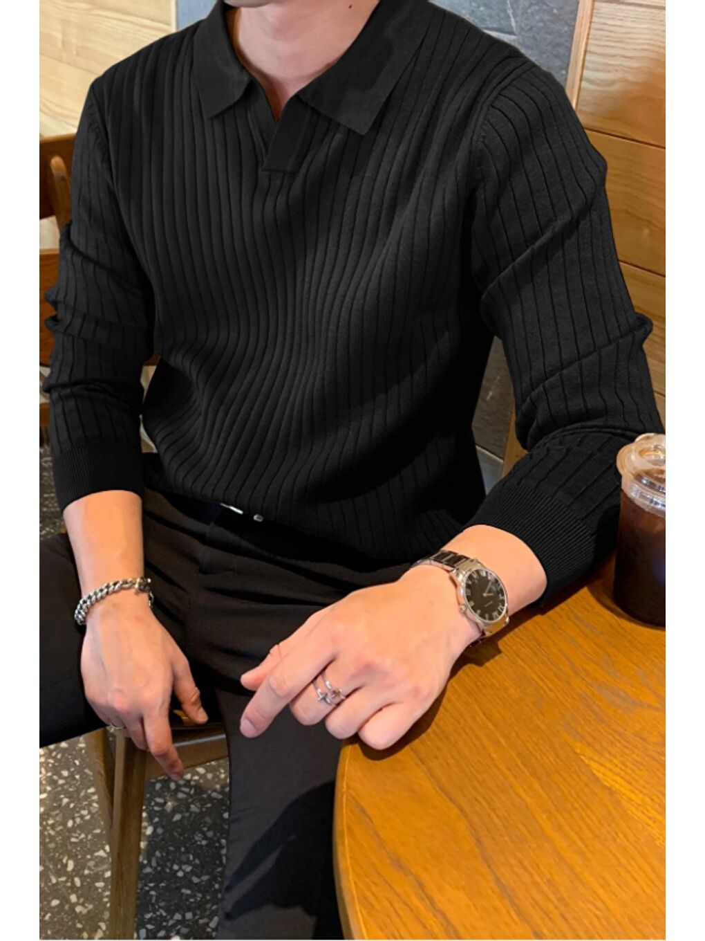 Siyah Erkek Polo Yaka Triko Kazak Slim Fit Fitilli-2