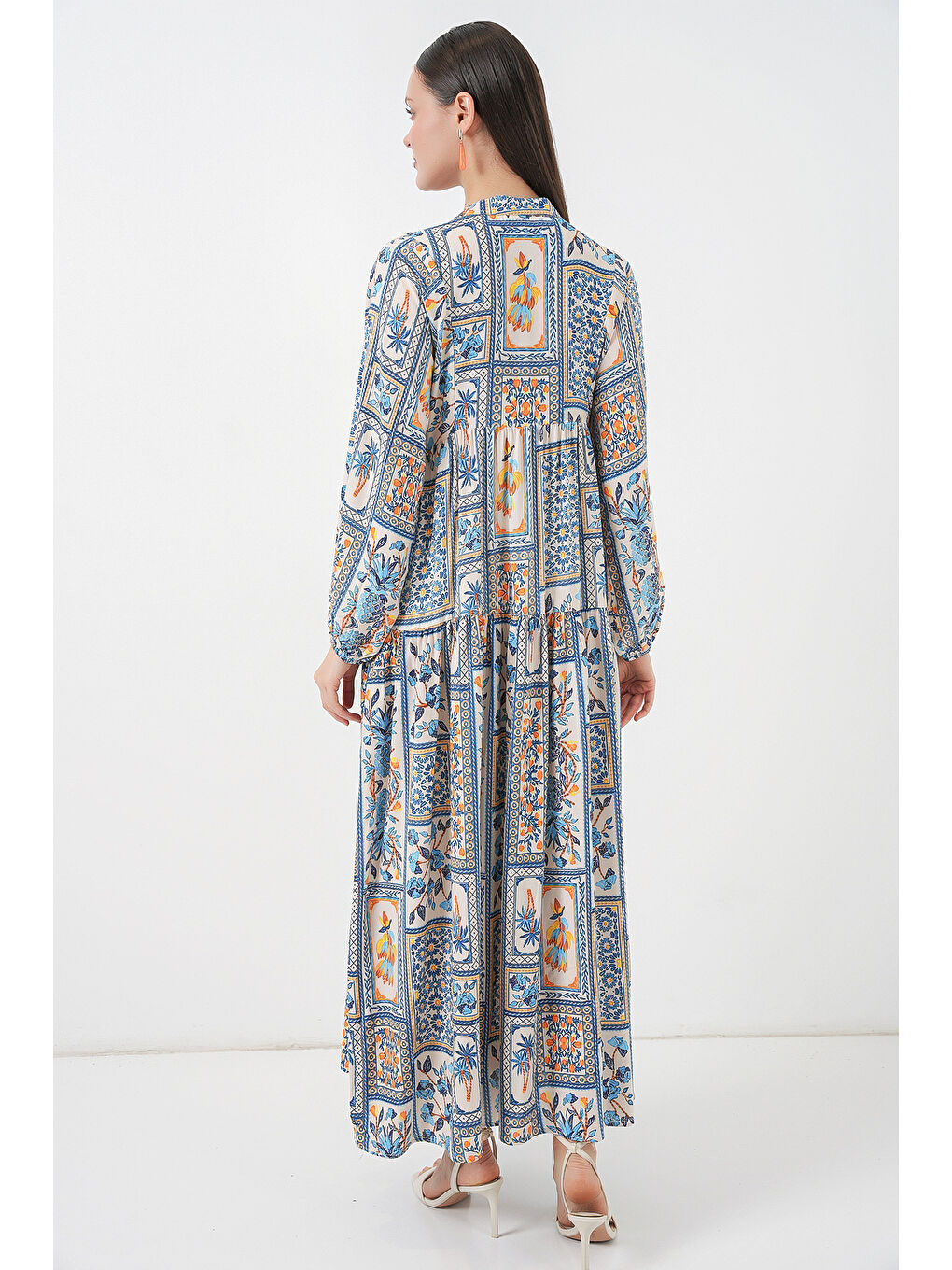 Sarı Kadın Desenli Uzun Tesettür Elbise 2585 - E. Mavi-6