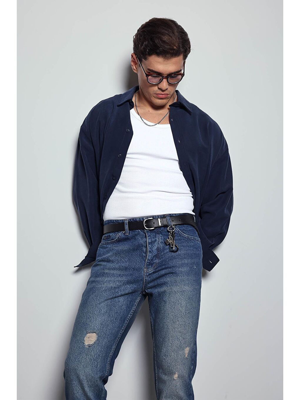 Erkek Oversize Uzun Kollu Basic Gömlek Lacivert-5