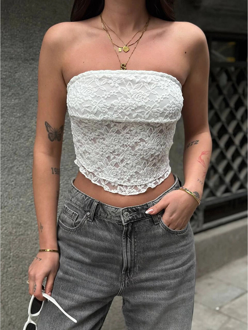 Kadın Beyaz Astarlı Dantel Straplez Bluz HZL25S-ZK11251-1