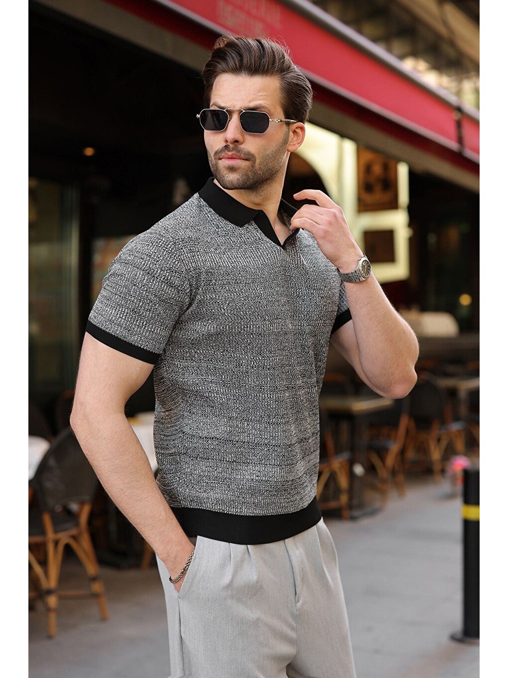 Siyah Polo Yaka Regular Fit Erkek Triko Tişört E7496