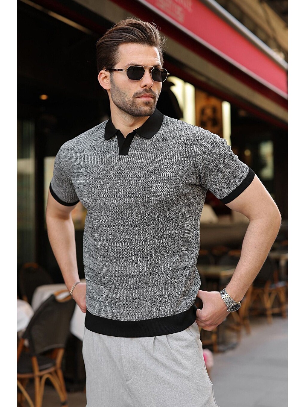 Siyah Polo Yaka Regular Fit Erkek Triko Tişört E7496-1
