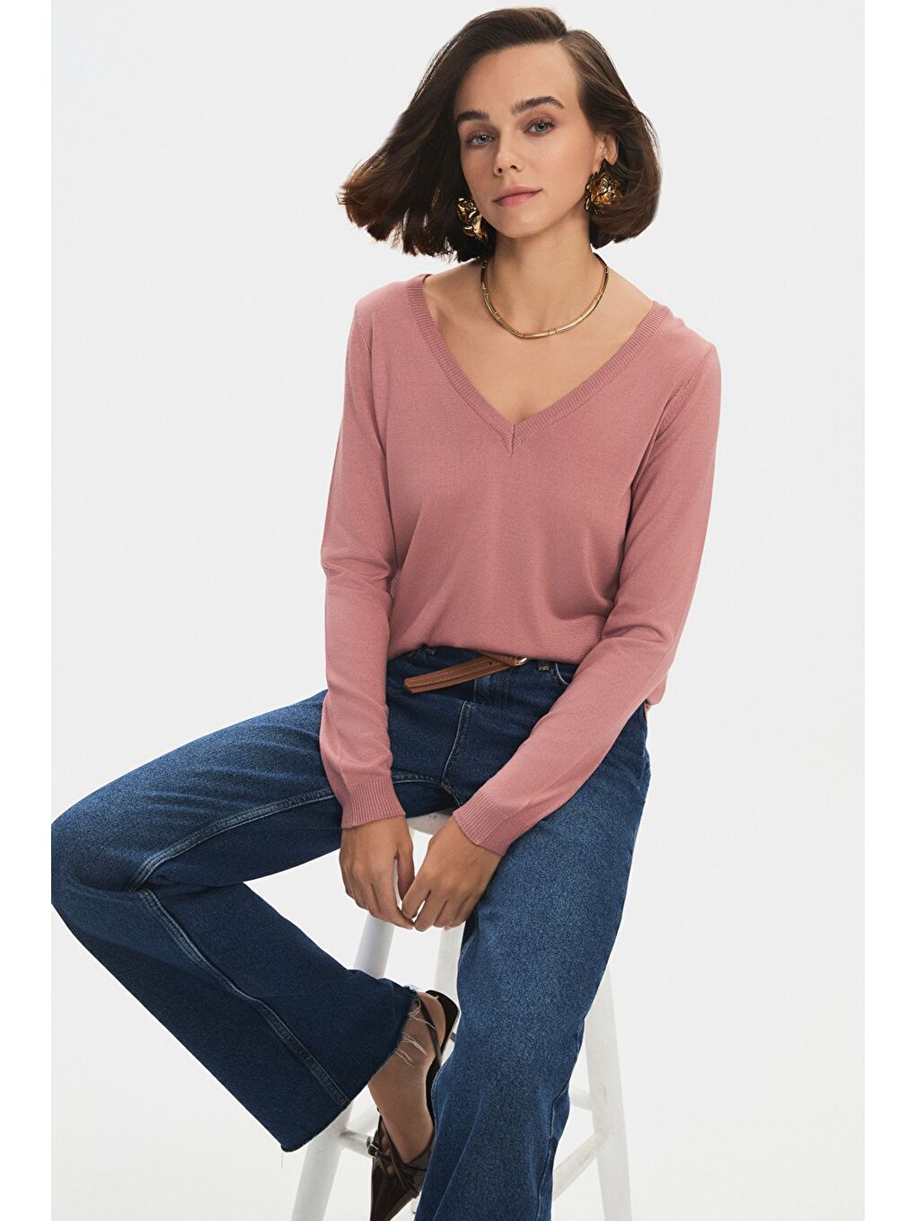 Pembe Kadın Exclusive V Yaka Viskon Karışımlı Triko Kazak