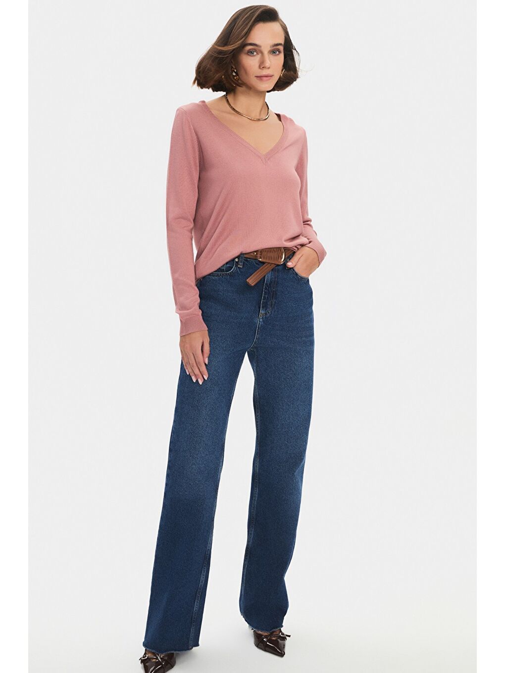 Pembe Kadın Exclusive V Yaka Viskon Karışımlı Triko Kazak-1