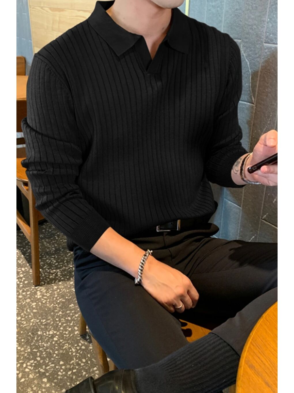 Siyah Erkek Polo Yaka Triko Kazak Slim Fit Fitilli-4