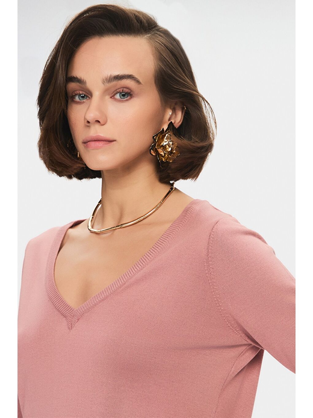 Pembe Kadın Exclusive V Yaka Viskon Karışımlı Triko Kazak-3