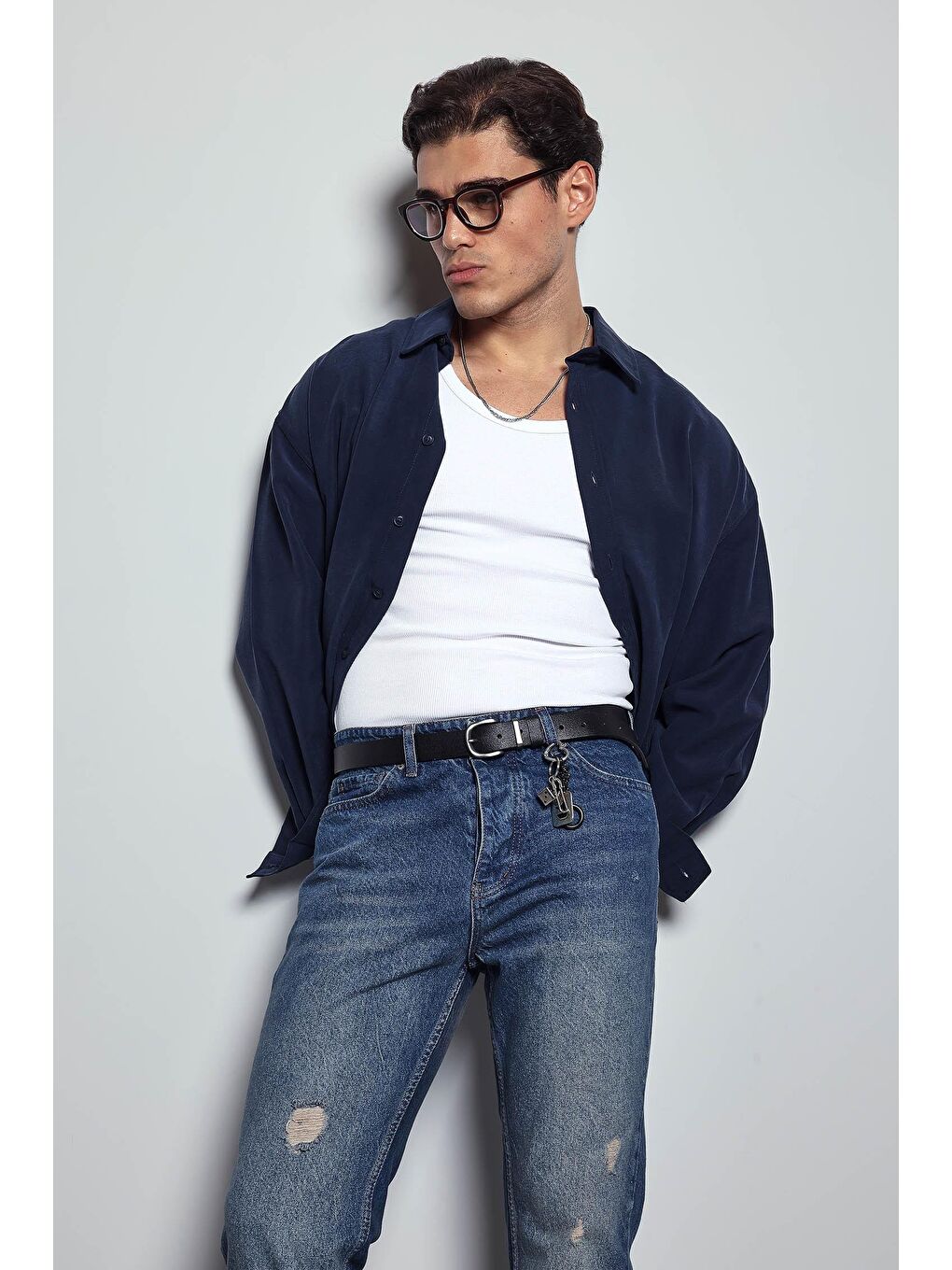 Erkek Oversize Uzun Kollu Basic Gömlek Lacivert-6