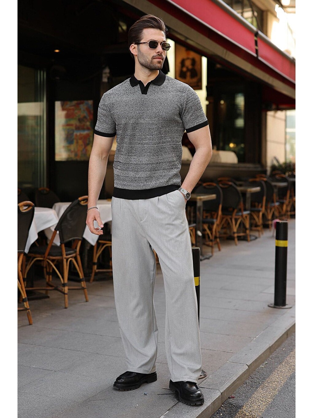 Siyah Polo Yaka Regular Fit Erkek Triko Tişört E7496-4