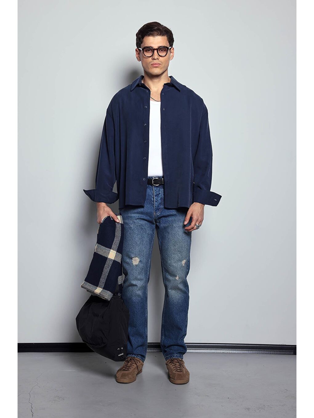 Erkek Oversize Uzun Kollu Basic Gömlek Lacivert-7