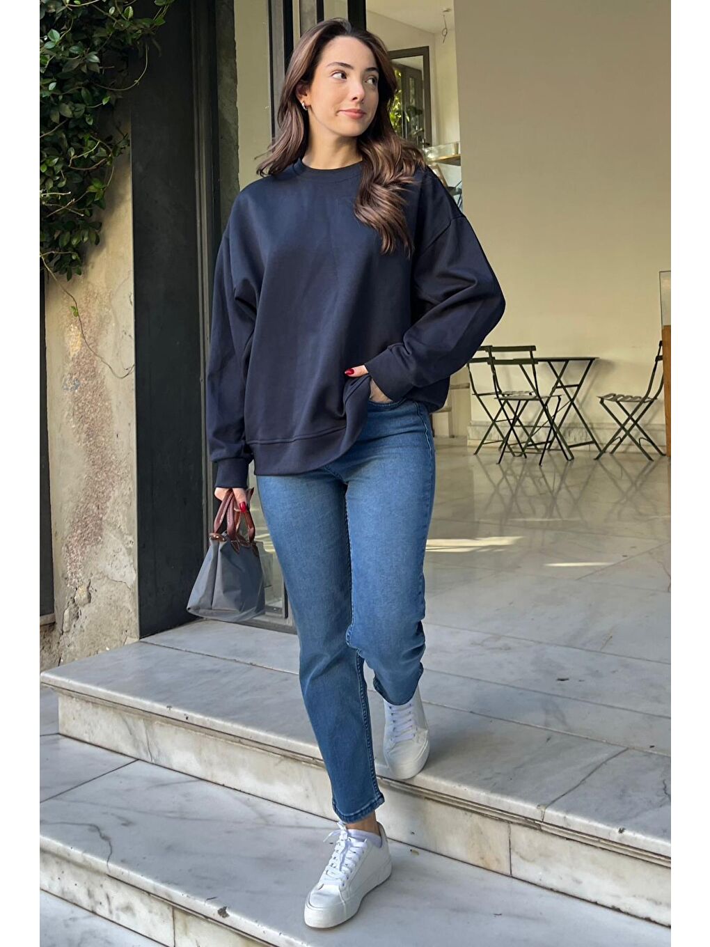 Lacivert Bisiklet Yaka Basic Sweatshirt Mg2185-4