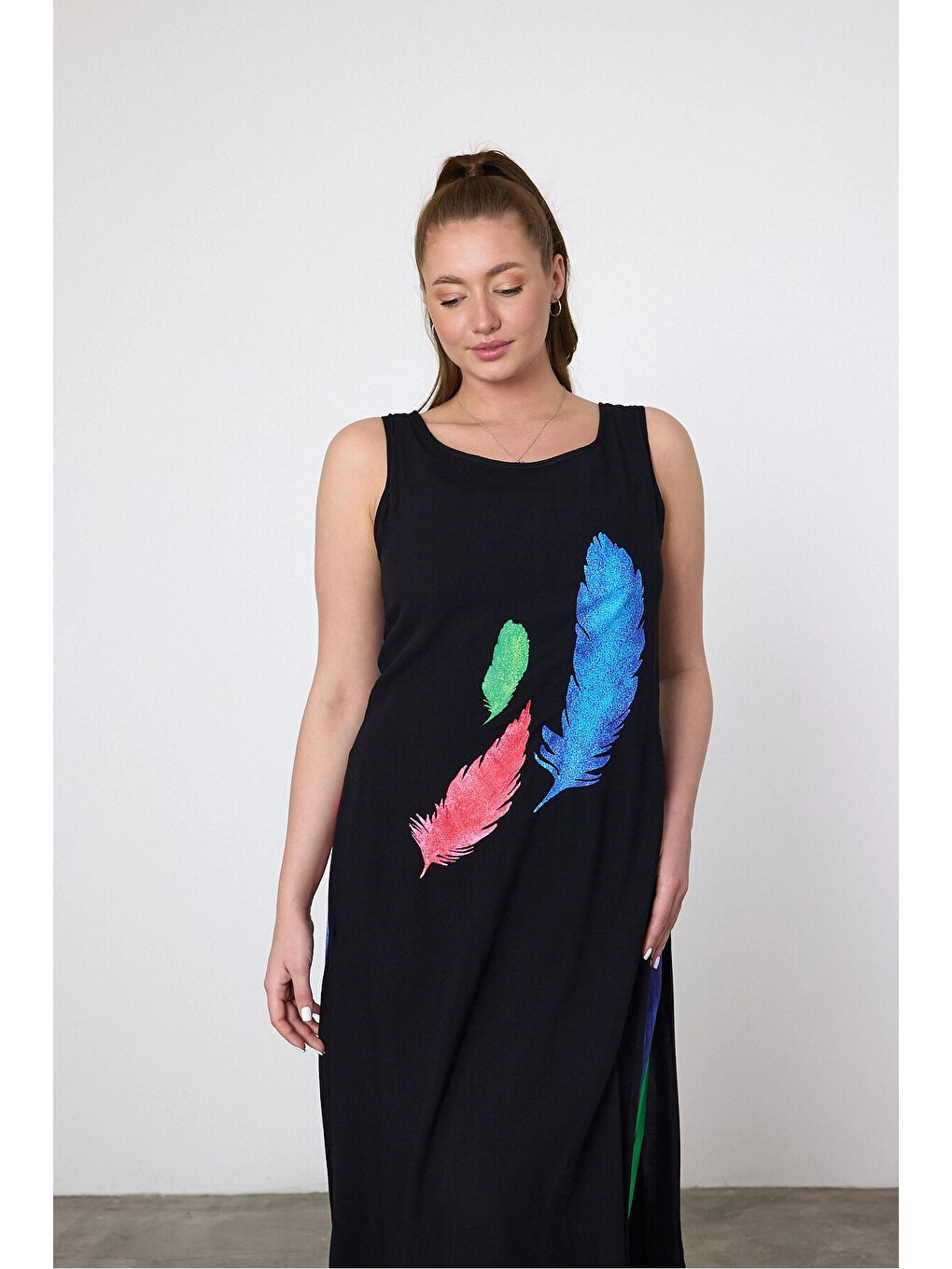 Kadın Siyah Mavi Kuş Tüyü Desenli Astarlı Viskon Elbise HZL25S-VM120251-2