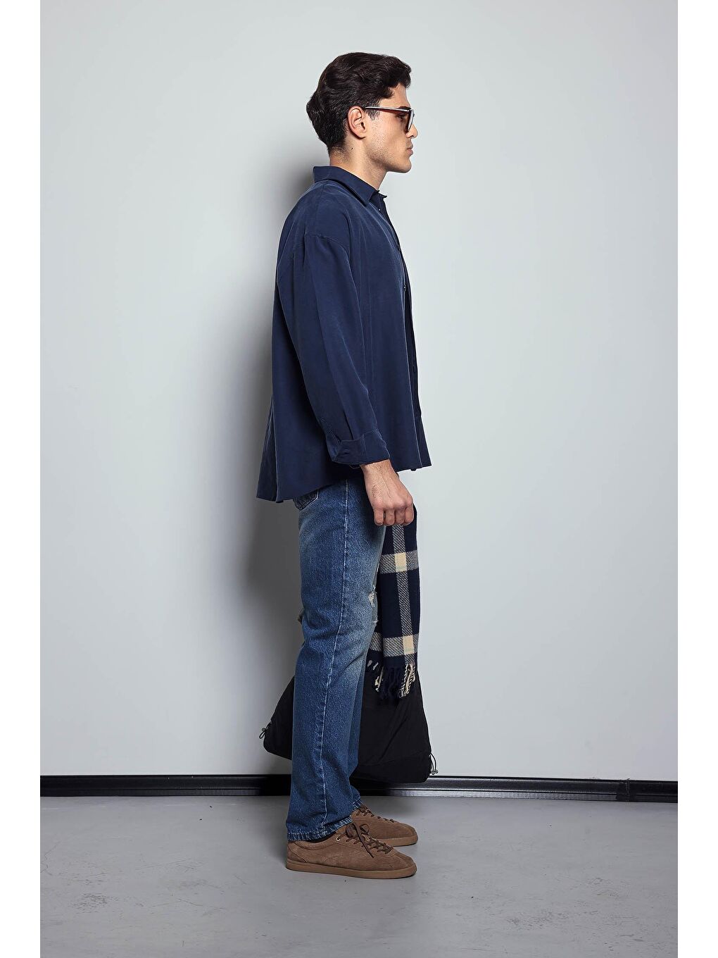 Erkek Oversize Uzun Kollu Basic Gömlek Lacivert-8