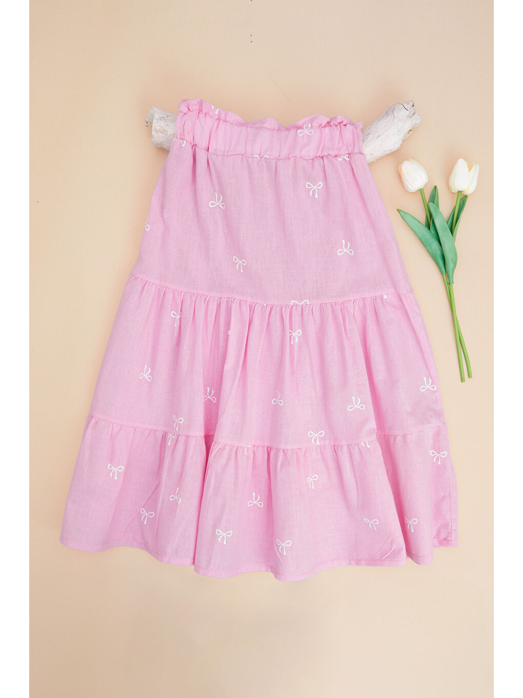 Pembe %100 Pamuk Beli Lastikli Fiyonk Nakışlı Kız Çocuk Etek
