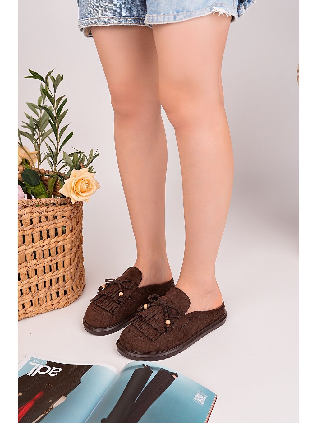 Kahverengi FRİNGE Süet Deri Fiyonk Detaylı Günlük Rahat Önü Kapalı Kadın Püsküllü Loafer Terlik-4