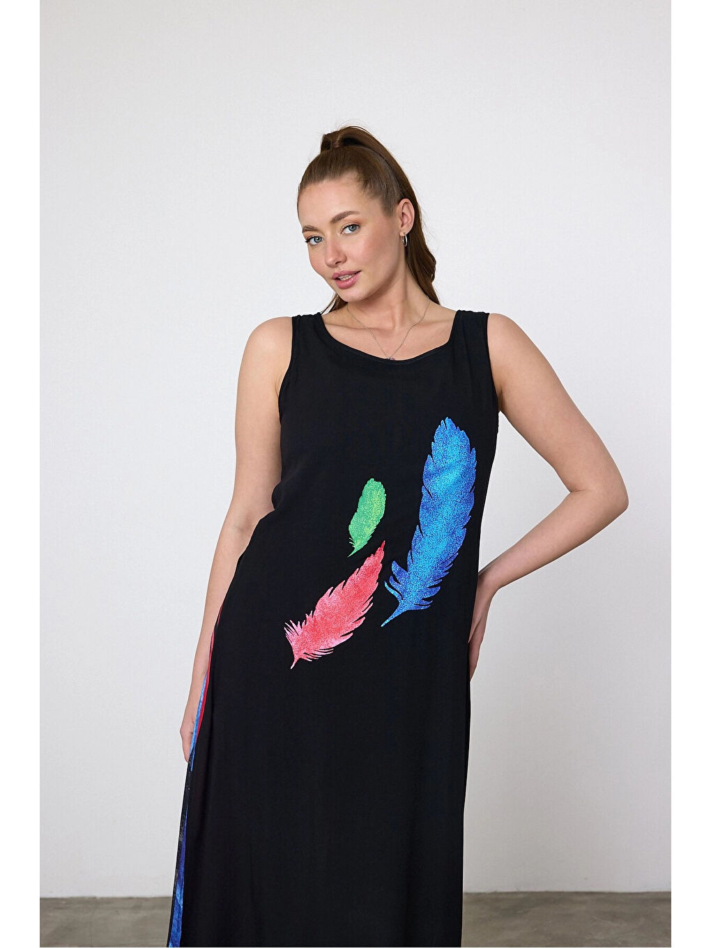 Kadın Siyah Mavi Kuş Tüyü Desenli Astarlı Viskon Elbise HZL25S-VM120251-3