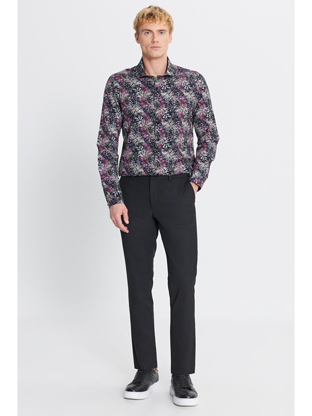 Erkek Siyah Slim Fit Dar Kesim Yünlü Yan Cepli Takım Elbise Pantolonu-1