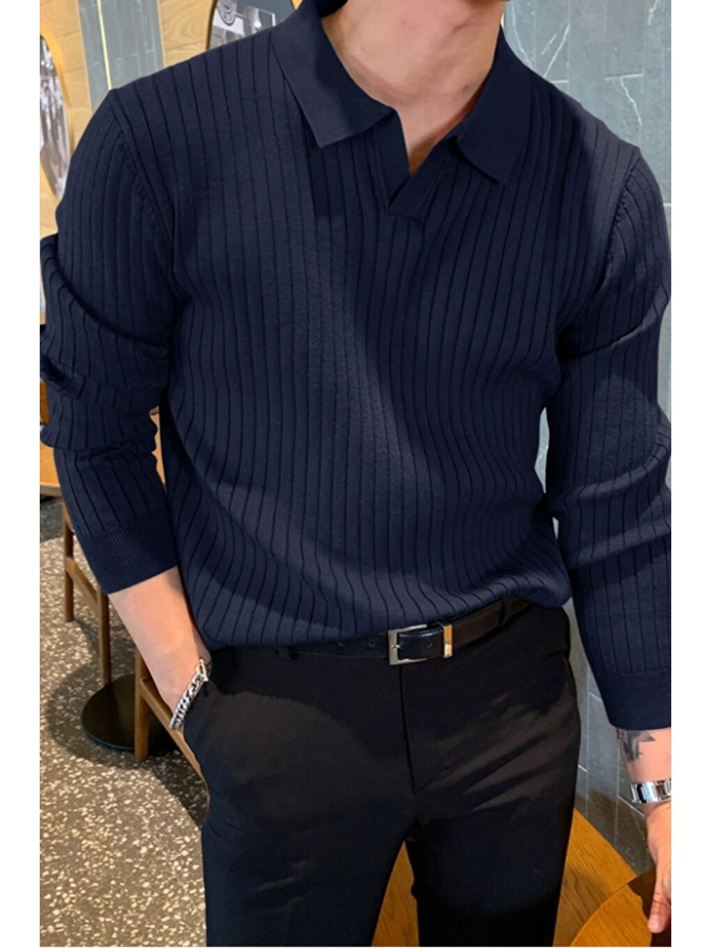 Lacivert Erkek Polo Yaka Triko Kazak Slim Fit Fitilli-1