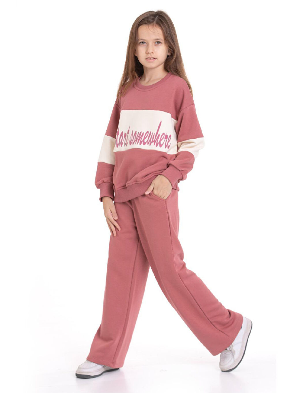 Pembe Kız Çocuk 3 İplik ve Şardonsuz Eşofman Takımı 5-9 Yaş 12487